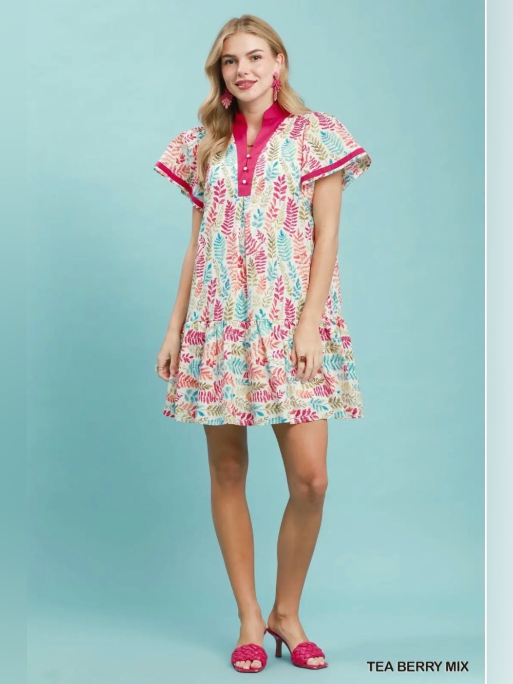 Umgee Leaf Print Flutter Sleeve Tiered Mini Dress NWT🛍️